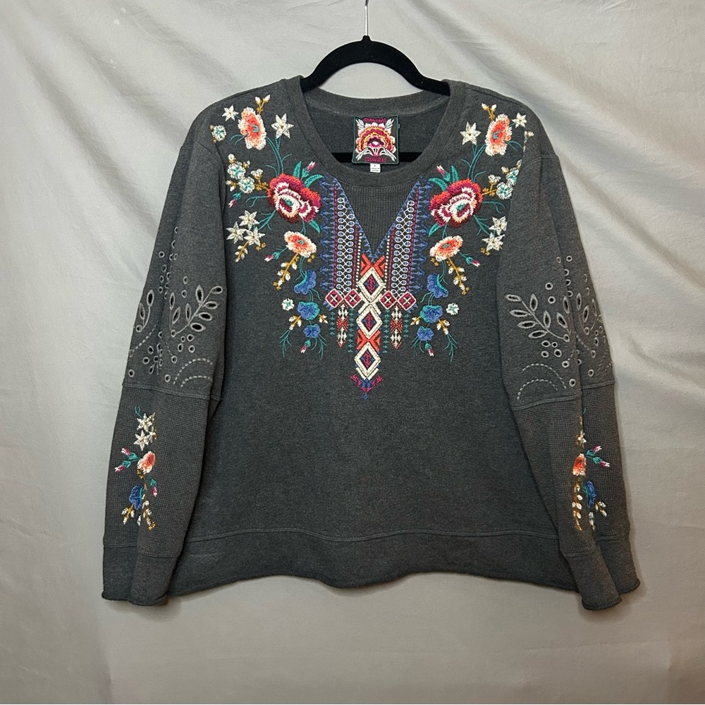 Johnny Was embroidered charcoal grey sweatshirt size large
